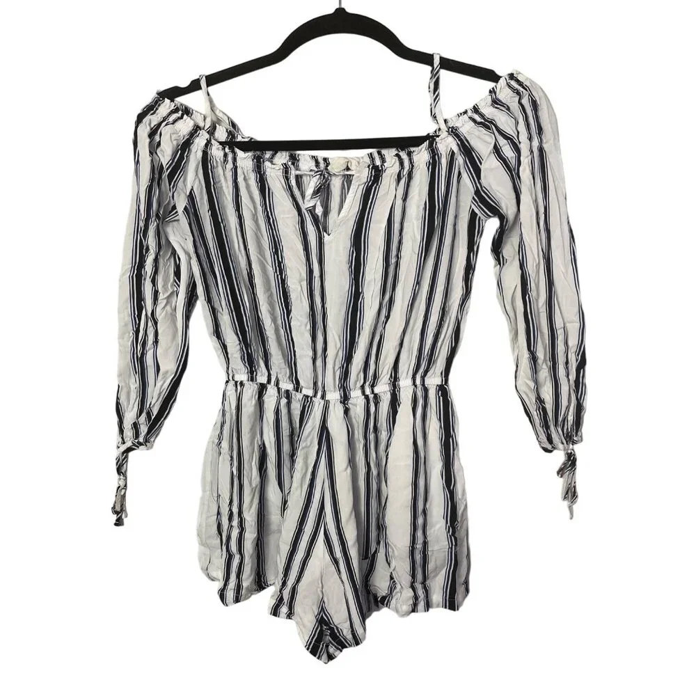 Striped Off-Shoulder Romper For Women By Elodie - Size M Rayon Navy & White - Picture 2 of 5